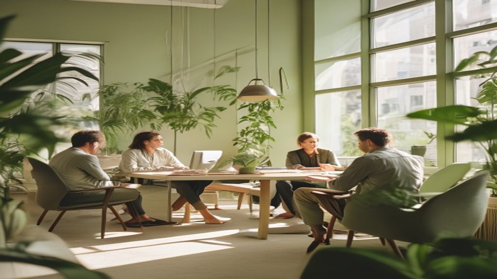 Kantoor met teamleden in gesprek, planten, warm licht door raam