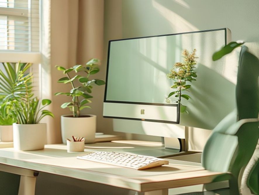 Persoon aan bureau met ergonomische houding, plant naast