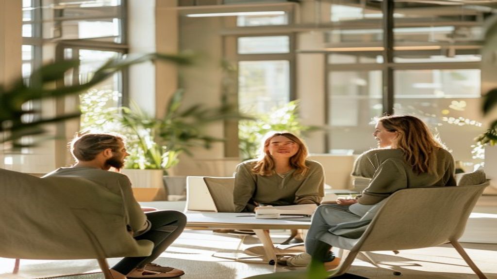 Lichte kantooromgeving met team in gesprek, ontspannen sfeer