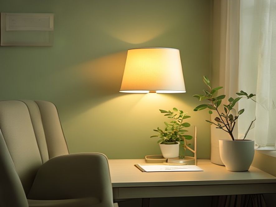 Keurig bureau met plant en morgenlijk door raam